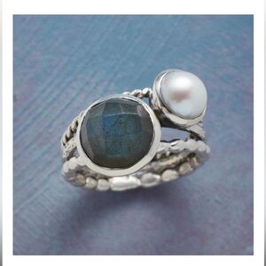 Sundance Catalog Labradorite Pearl Sterling Silver Piccadilly Circus Ring Size 6